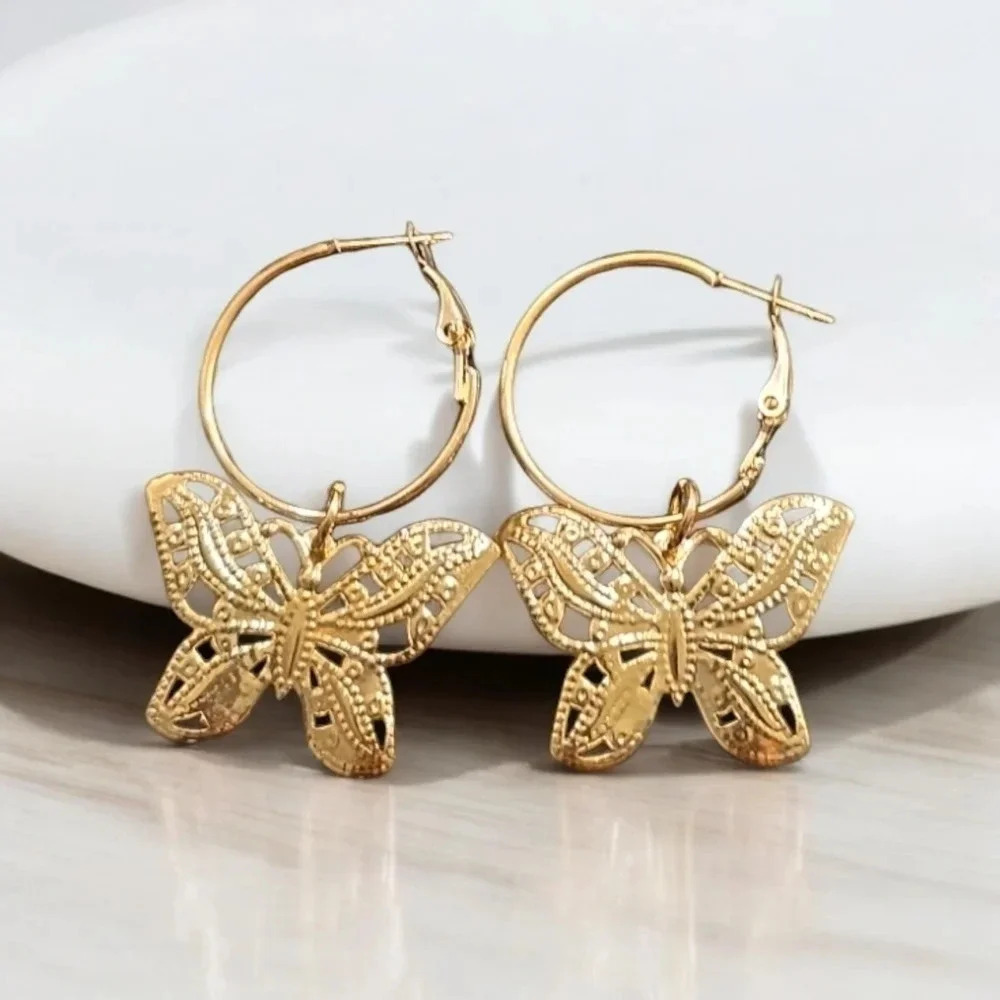 1 LEFT! Gold Plated Butterfly Dangle Hoop Earrings